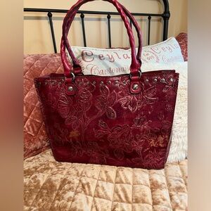 Patricia Nash Red Metallic Zancona tote bag purse leather handbag tooled floral
